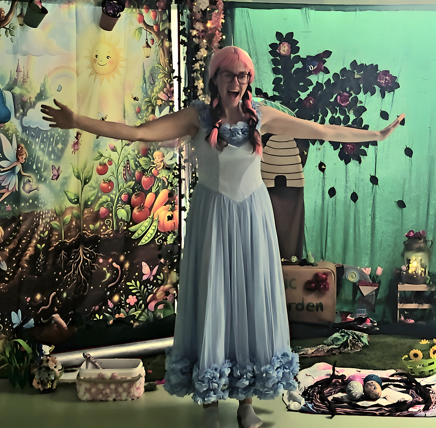 Aga in a fairy costume in a garden setting